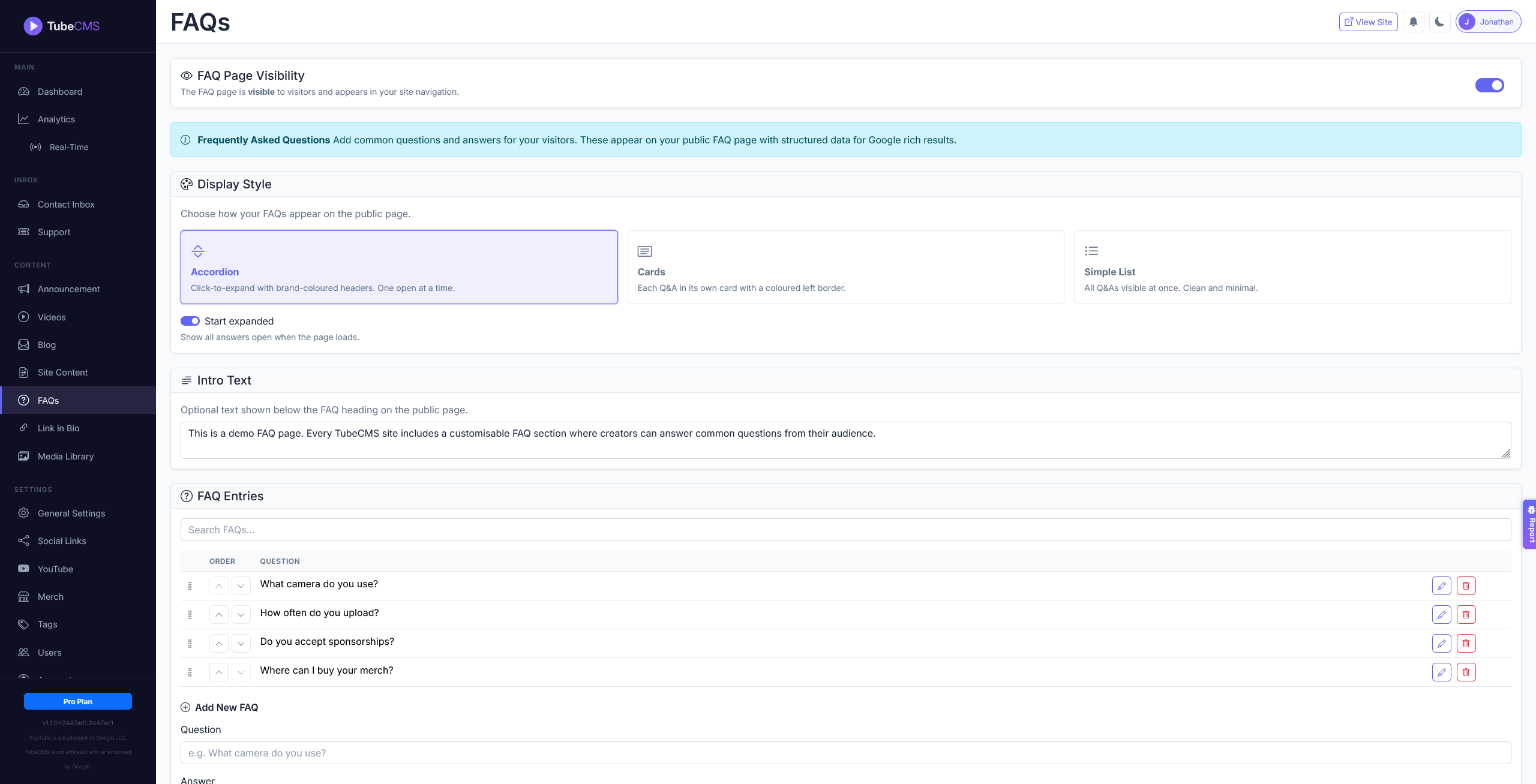 FAQ page builder with display styles