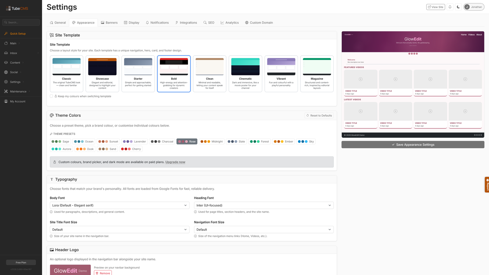Settings — 8 templates, colour presets, custom fonts