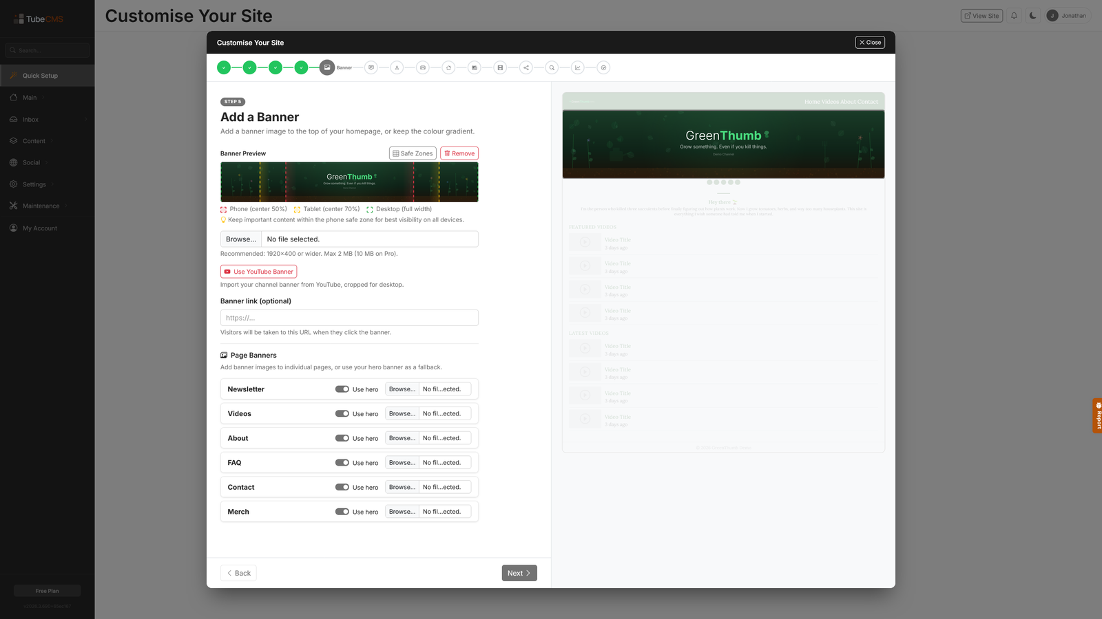 Guided setup wizard — step-by-step site customisation