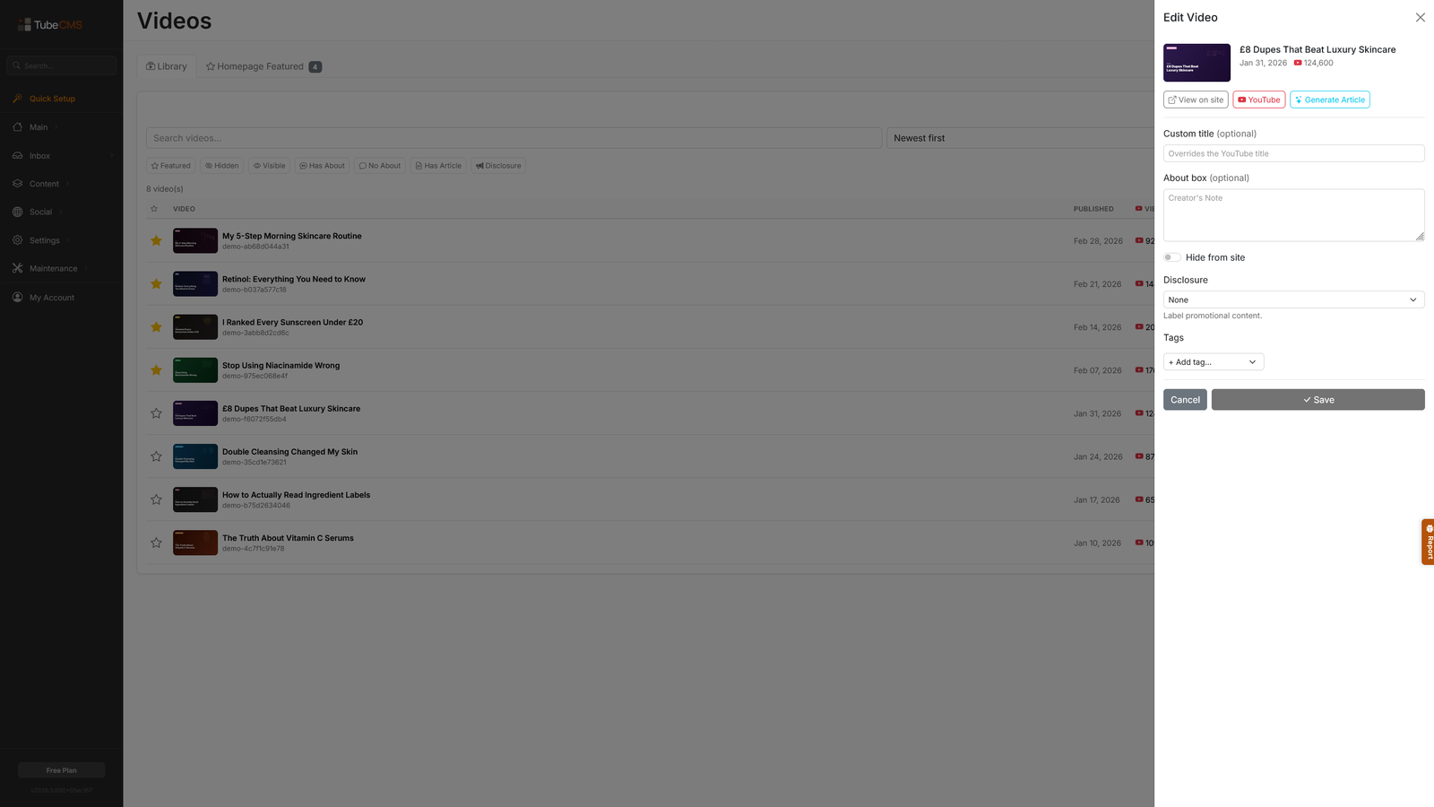 Video editor — AI blog generation and email subscribers
